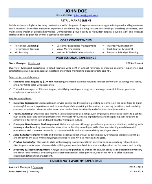Store Manager Resume Sample & Template